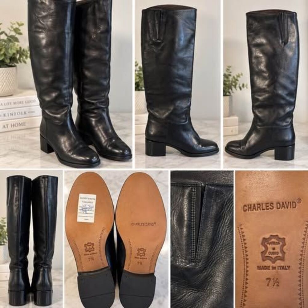 Vintage Charles David Black Leather Knee-High Boots Size 7.5
